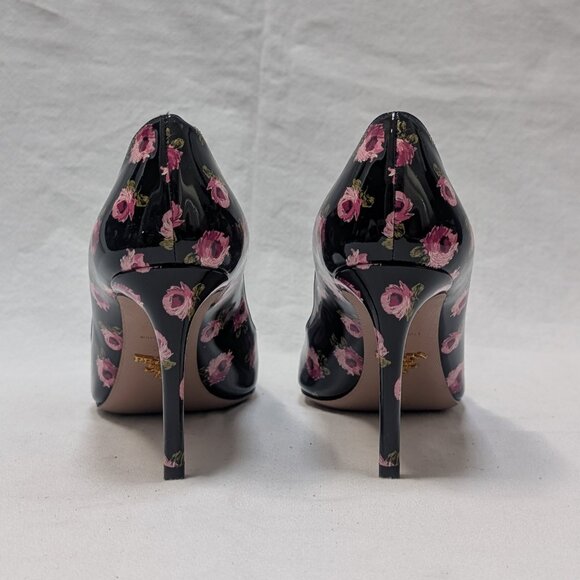 Prada Patent Leather Black with Pink Rose Floral Pumps Heels Size 38 US 8 New - Picture 3 of 8